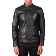 Men's Tea House Zwart Leren Bikerjack voor Heren - Lateral Side Profile View Showing Sleeve Cut &amp; Athletic Taper Fit
