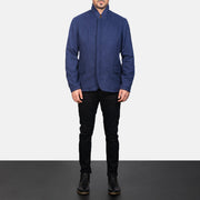 Men's Thomas Blauw Wool Leren Jas voor Heren - Lateral Side Profile View Showing Sleeve Cut &amp; Athletic Taper Fit