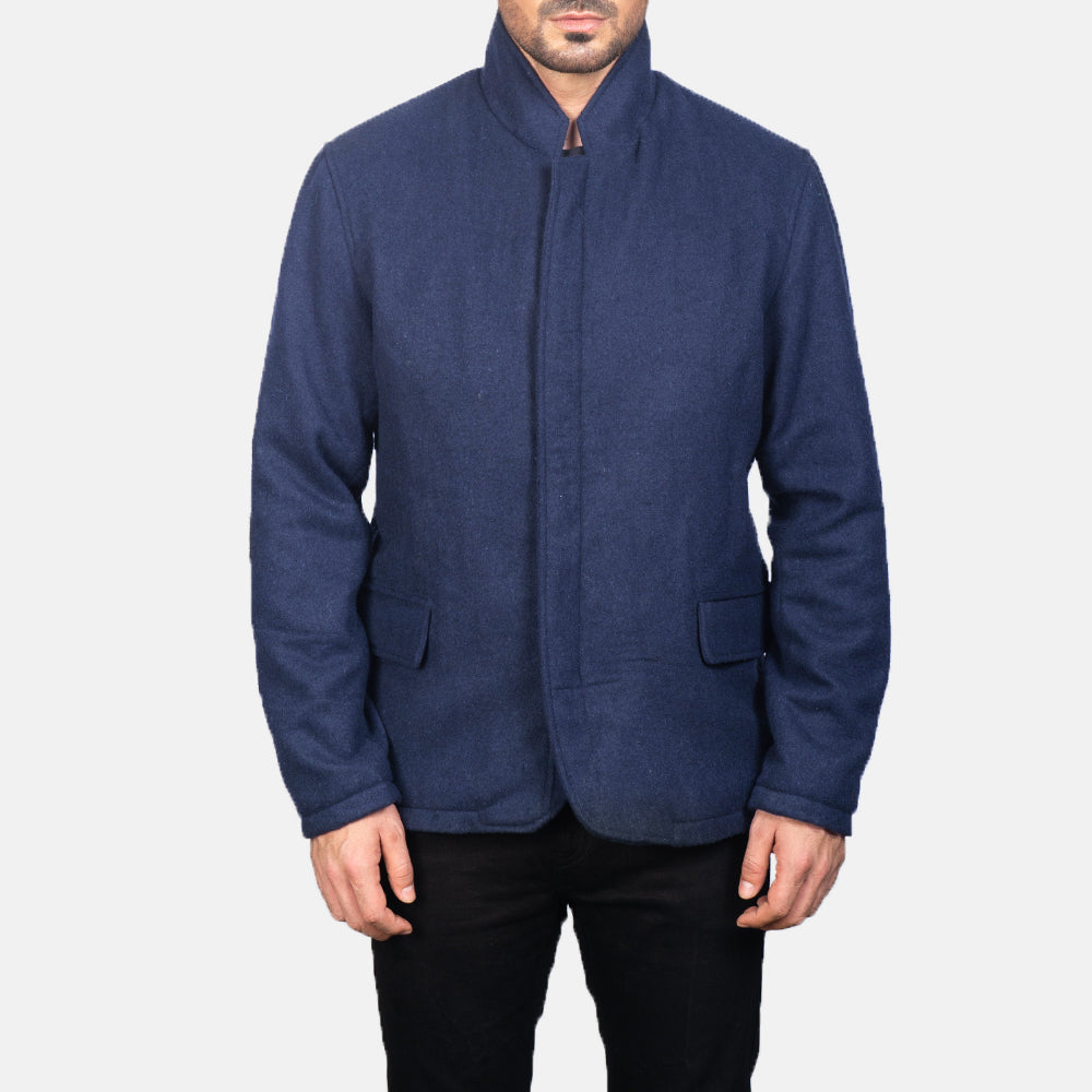 Close-Up Detail of Nehru &amp; Zipper with Dual Puller Hardware on Men's Thomas Blauw Wool Leren Jas voor Heren