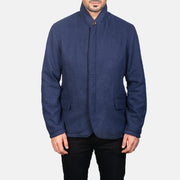 Close-Up Detail of Nehru &amp; Zipper with Dual Puller Hardware on Men's Thomas Blauw Wool Leren Jas voor Heren