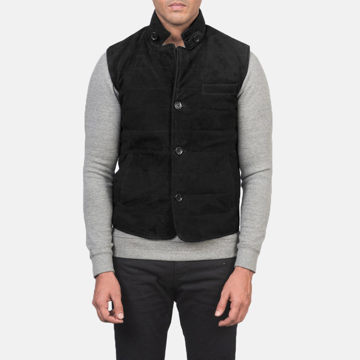 Close-Up Detail of Notch with removable throat latch &amp; Button Hardware on Men's Tony Zwart Suede Vest voor Heren