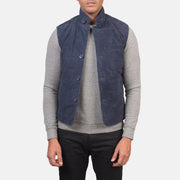 Men's Tony Blauw Suede Vest voor Heren in Blue Goatskin Suede - Front Profile View &amp; Tailored Silhouette | Buy Online