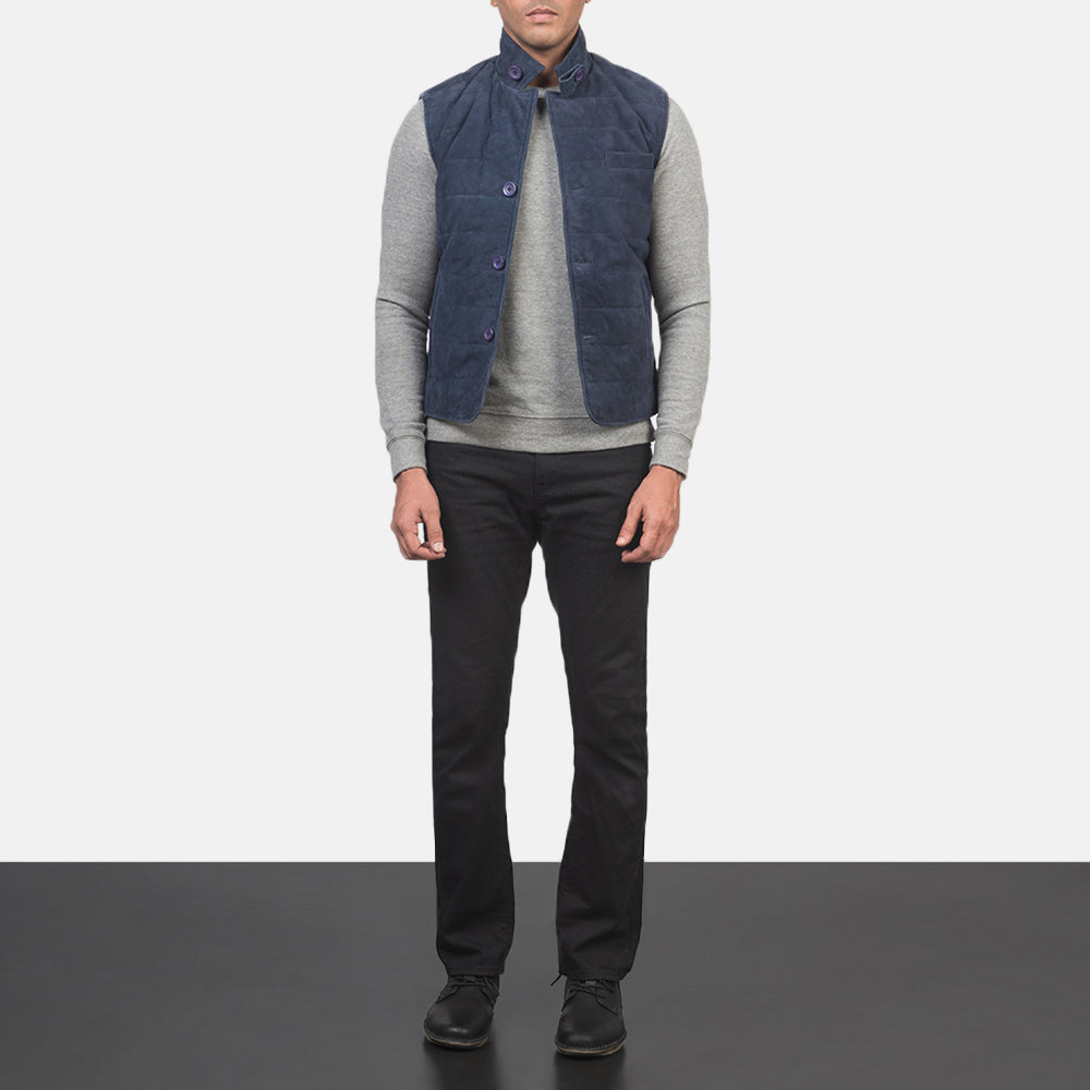 Men's Tony Blauw Suede Vest voor Heren - Lateral Side Profile View Showing Sleeve Cut &amp; Athletic Taper Fit