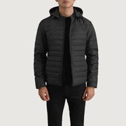Tyler Zwart Hooded Puffer Leren Jas voor Heren in Black Full-Grain Leather - Front Profile View &amp; Tailored Silhouette | Buy Online