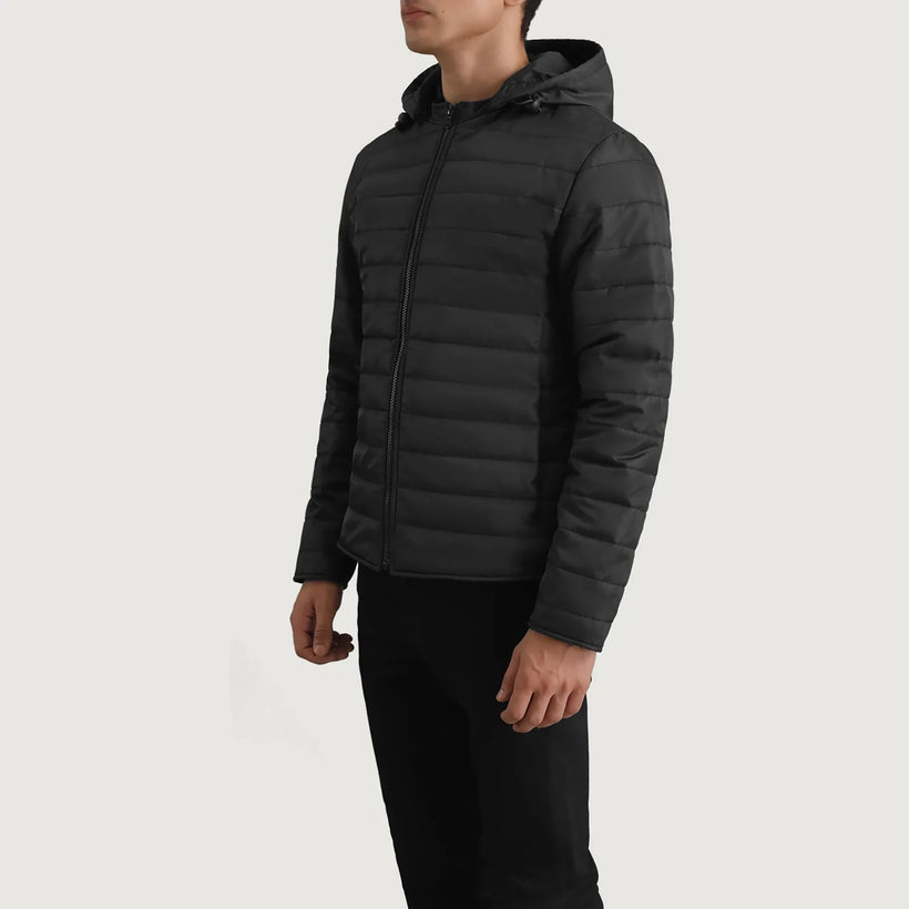 Tyler Zwart Hooded Puffer Leren Jas voor Heren