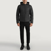 Tyler Zwart Hooded Puffer Leren Jas voor Heren - Lateral Side Profile View Showing Sleeve Cut &amp; Athletic Taper Fit