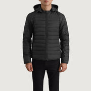 Close-Up Detail of Classic Collar &amp; Zipper Hardware on Tyler Zwart Hooded Puffer Leren Jas voor Heren