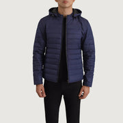 
Tyler Blauw Hooded Puffer Leren Jas voor Heren in Blue Full-Grain Leather - Vooraanzicht & getailleerd silhouet | Online kopen