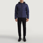 
Tyler Blauw Hooded Puffer Leren Jas voor Heren - Zijaanzicht met ergonomische mouwsnede