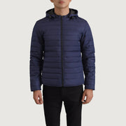 
Detailopname of Classic Collar & Zipper Hardware on Tyler Blauw Hooded Puffer Leren Jas voor Heren