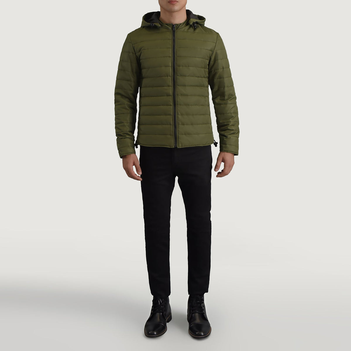 
Tyler Groen Hooded Puffer Leren Jas voor Heren - Zijaanzicht met ergonomische mouwsnede