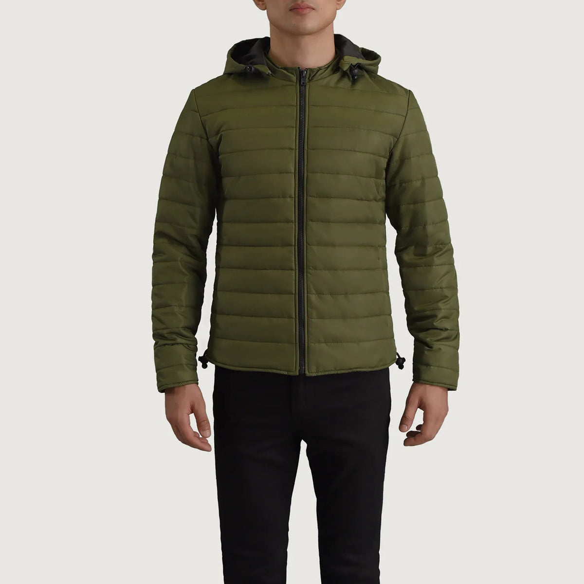 
Detailopname of Classic Collar & Zipper Hardware on Tyler Groen Hooded Puffer Leren Jas voor Heren