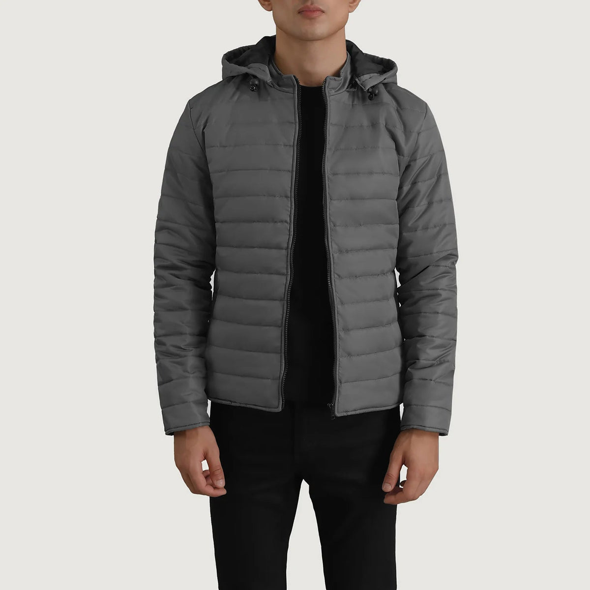 Tyler Grey Hooded Puffer Leren Jas voor Heren in Grey Full-Grain Leather - Front Profile View &amp; Tailored Silhouette | Buy Online