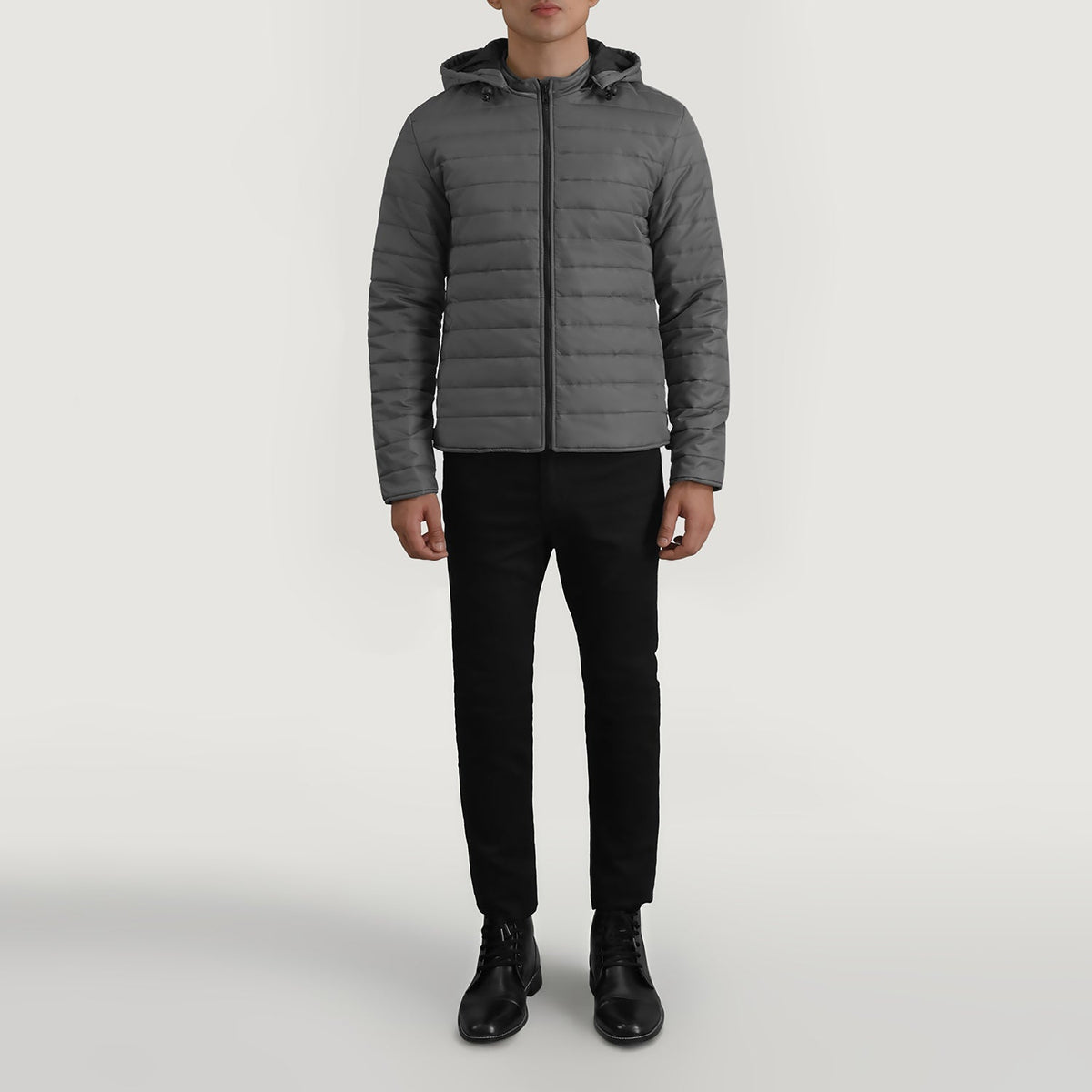 Tyler Grey Hooded Puffer Leren Jas voor Heren - Lateral Side Profile View Showing Sleeve Cut &amp; Athletic Taper Fit