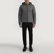 Tyler Grey Hooded Puffer Leren Jas voor Heren - Lateral Side Profile View Showing Sleeve Cut &amp; Athletic Taper Fit