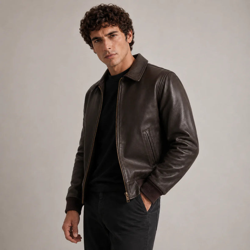 Dark Bruin Sheepskin Leren Bomberjack voor Heren