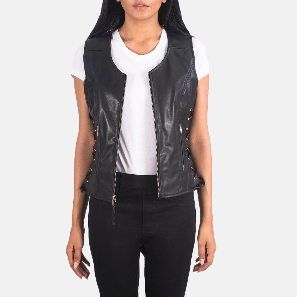 Women's Vanda Zwart Leather Biker Vest voor Dames in Black Goatskin Leather - Front Profile View &amp; Tailored Silhouette | Buy Online