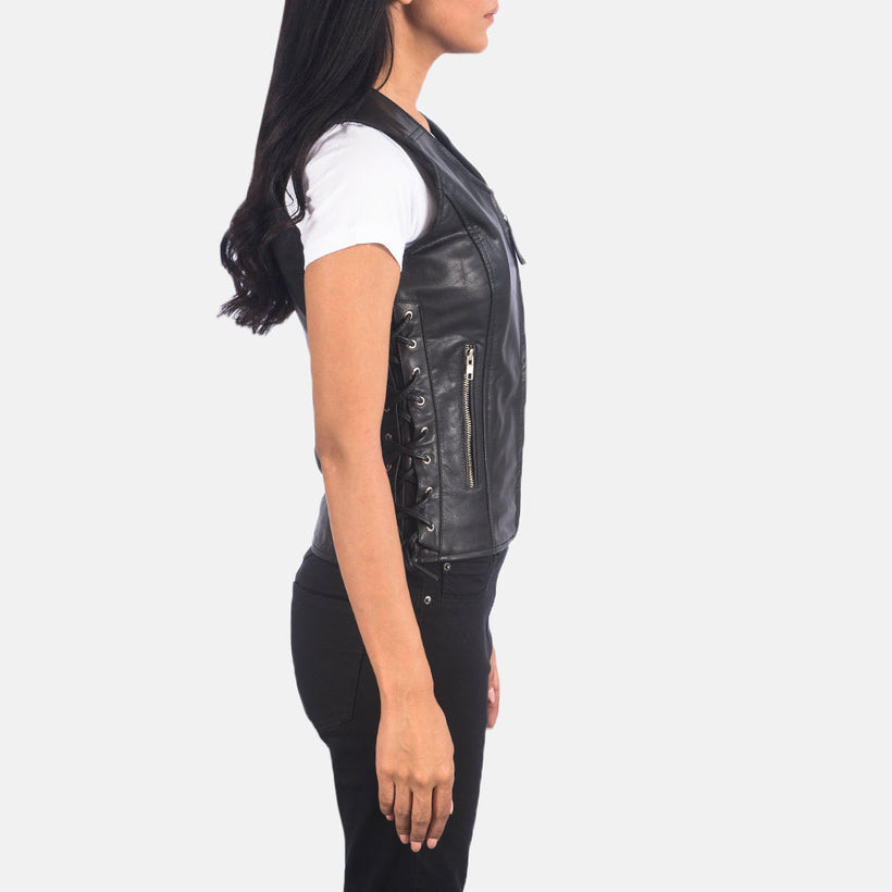 Vanda Zwart Leather Biker Vest voor Dames