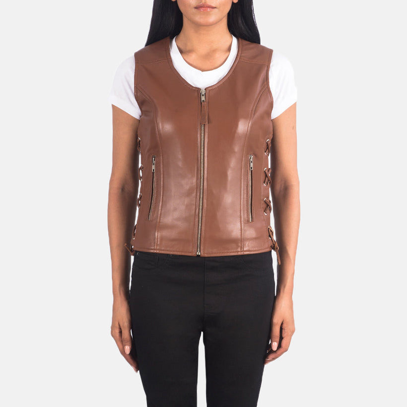 Vanda Bruin Leather Biker Vest voor Dames