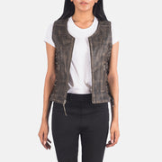
Vanda Distressed Bruin Leather Biker Vest voor Dames in Distressed Brown Goatskin Leather - Vooraanzicht & getailleerd silhouet | Online kopen