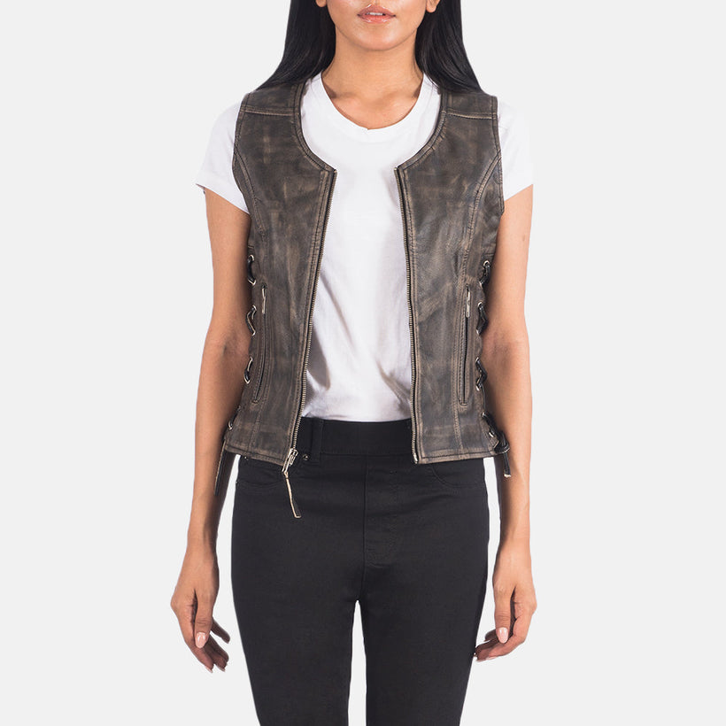 Vanda Distressed Bruin Leather Biker Vest voor Dames