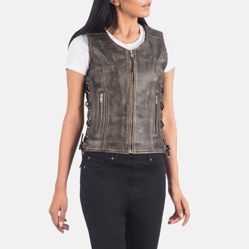 Vanda Distressed Bruin Leather Biker Vest voor Dames