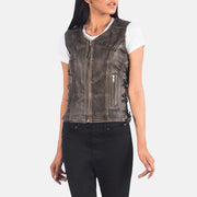 
Detailopname of V-neck & Zipper Hardware on Vanda Distressed Bruin Leather Biker Vest voor Dames