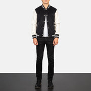 Men's Vaxton Zwart &amp; White Hybrid Varsity Leren Jas voor Heren - Lateral Side Profile View Showing Sleeve Cut &amp; Athletic Taper Fit
