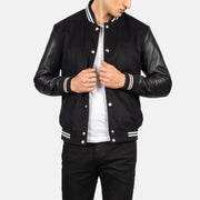 Men's Vaxton Zwart Striped Hybrid Varsity Leren Jas voor Heren in Black Sheepskin Leather - Front Profile View &amp; Tailored Silhouette | Buy Online