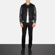 Men's Vaxton Zwart Striped Hybrid Varsity Leren Jas voor Heren - Lateral Side Profile View Showing Sleeve Cut &amp; Athletic Taper Fit