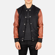 
Vaxton Brown Hybrid Varsity Jacket in Black & Brown Sheepskin Leather - Vooraanzicht & getailleerd silhouet | Online kopen