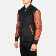 
Black & Brown Sheepskin Leather Varsity Jacket - Achteraanzicht met getailleerde schouders & strakke zoom
