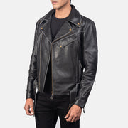 Distressed Vincent Zwart Leren Bikerjack voor Heren - Back View Showing Tailored Shoulder Fit &amp; Clean Hemline