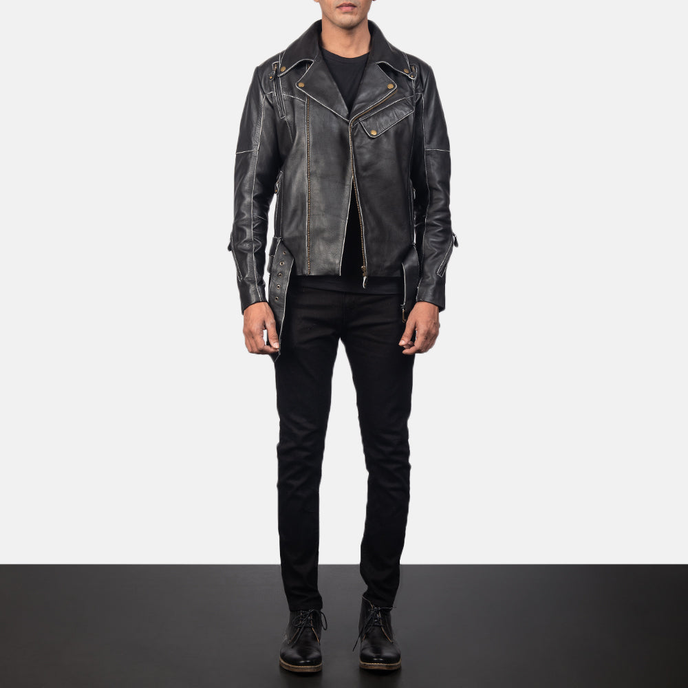 Men's Vincent Black Leather Biker Jacket - Lateral Side Profile View Showing Sleeve Cut &amp; Athletic Taper Fit