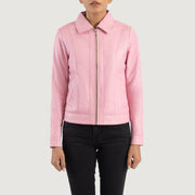 
Detailopname van kraag & ritsdetails op Vixen Pink Classic Collar Leather Jacket