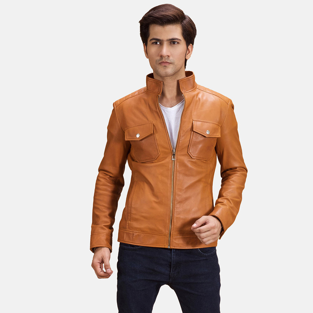 Voltex Lichtbruin Leren Bikerjack voor Heren in Tan Brown Sheepskin Leather - Front Profile View &amp; Tailored Silhouette | Buy Online