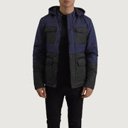 
Wayne Zwart & Blauw Hooded Puffer Leren Jas voor Heren in Black + Blue Full-Grain Leather - Vooraanzicht & getailleerd silhouet | Online kopen