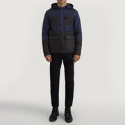 
Wayne Zwart & Blauw Hooded Puffer Leren Jas voor Heren - Zijaanzicht met ergonomische mouwsnede