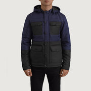 
Detailopname of Classic Collar & Heavy-Duty Zipper Hardware on Wayne Zwart & Blauw Hooded Puffer Leren Jas voor Heren
