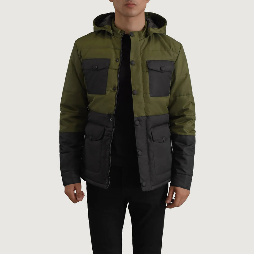 Wayne Zwart & Groen Hooded Puffer Leren Jas voor Heren