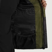 
Black + Green Full-Grain Leather Hooded Jacket - Achteraanzicht met getailleerde schouders & strakke zoom