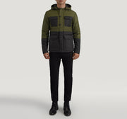 
Wayne Zwart & Groen Hooded Puffer Leren Jas voor Heren - Zijaanzicht met ergonomische mouwsnede