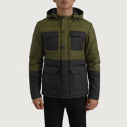 
Detailopname of Classic Collar & Heavy-Duty Zipper Hardware on Wayne Zwart & Groen Hooded Puffer Leren Jas voor Heren
