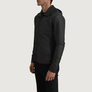 
Black Full-Grain Leather Hooded Jacket - Achteraanzicht met getailleerde schouders & strakke zoom