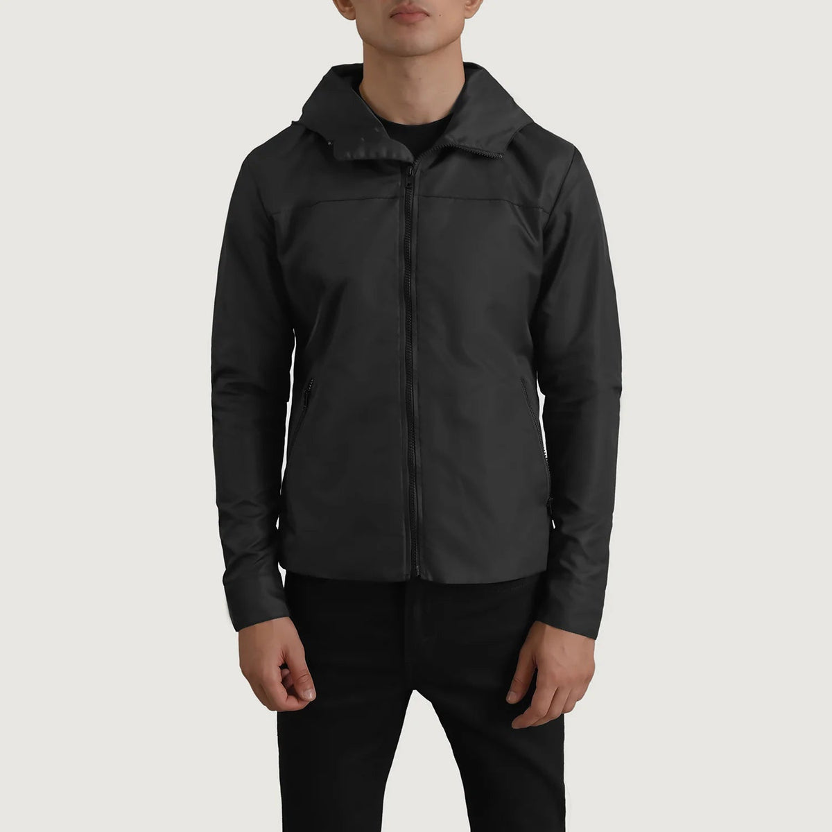
Detailopname of Classic Collar & Zipper With Inside Wind Flap. Hardware on Wesley Zwart Hooded Windbreaker Leren Jas voor Heren