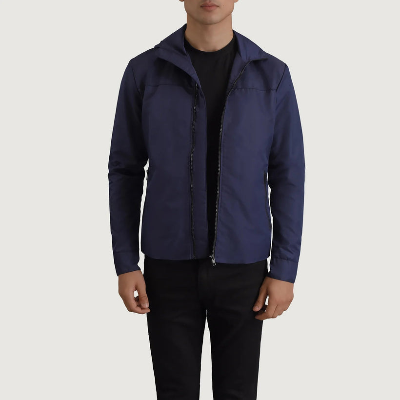 Wesley Blauw Hooded Windbreaker Leren Jas voor Heren