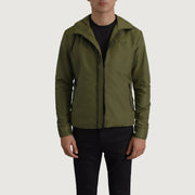 
Wesley Groen Hooded Windbreaker Leren Jas voor Heren in Green Full-Grain Leather - Vooraanzicht & getailleerd silhouet | Online kopen