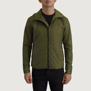 
Detailopname of Classic Collar & Zipper With Inside Wind Flap. Hardware on Wesley Groen Hooded Windbreaker Leren Jas voor Heren
