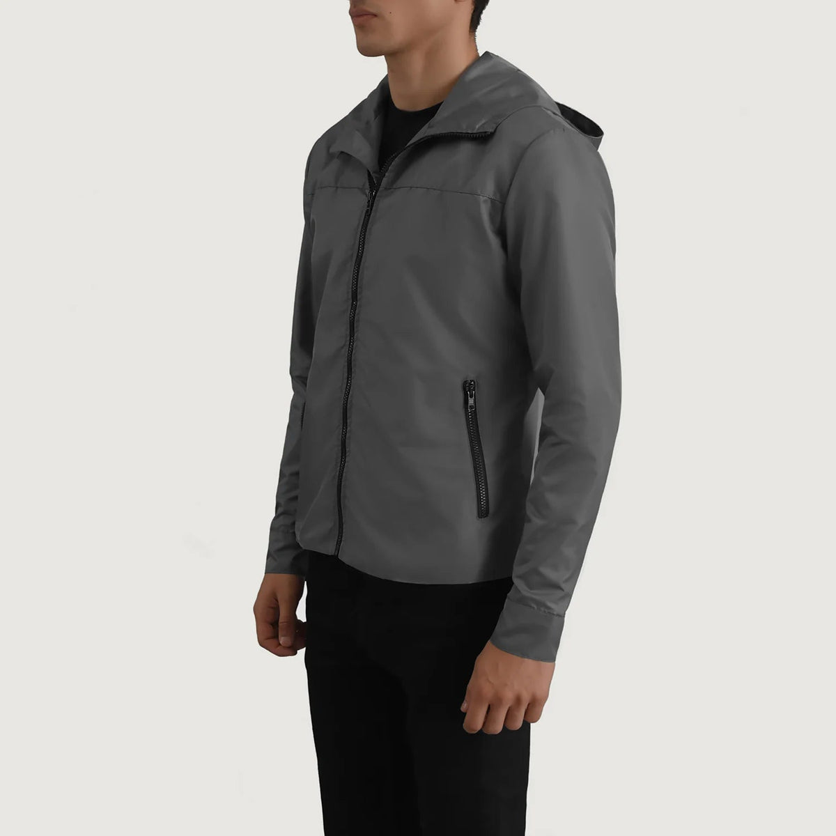 
Grey Full-Grain Leather Hooded Jacket - Achteraanzicht met getailleerde schouders & strakke zoom