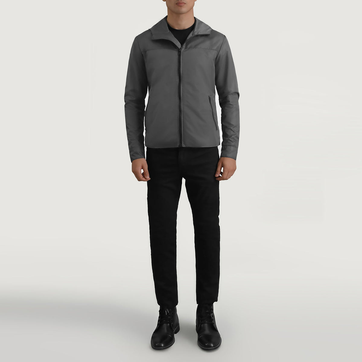 
Wesley Grey Hooded Windbreaker Leren Jas voor Heren - Zijaanzicht met ergonomische mouwsnede
